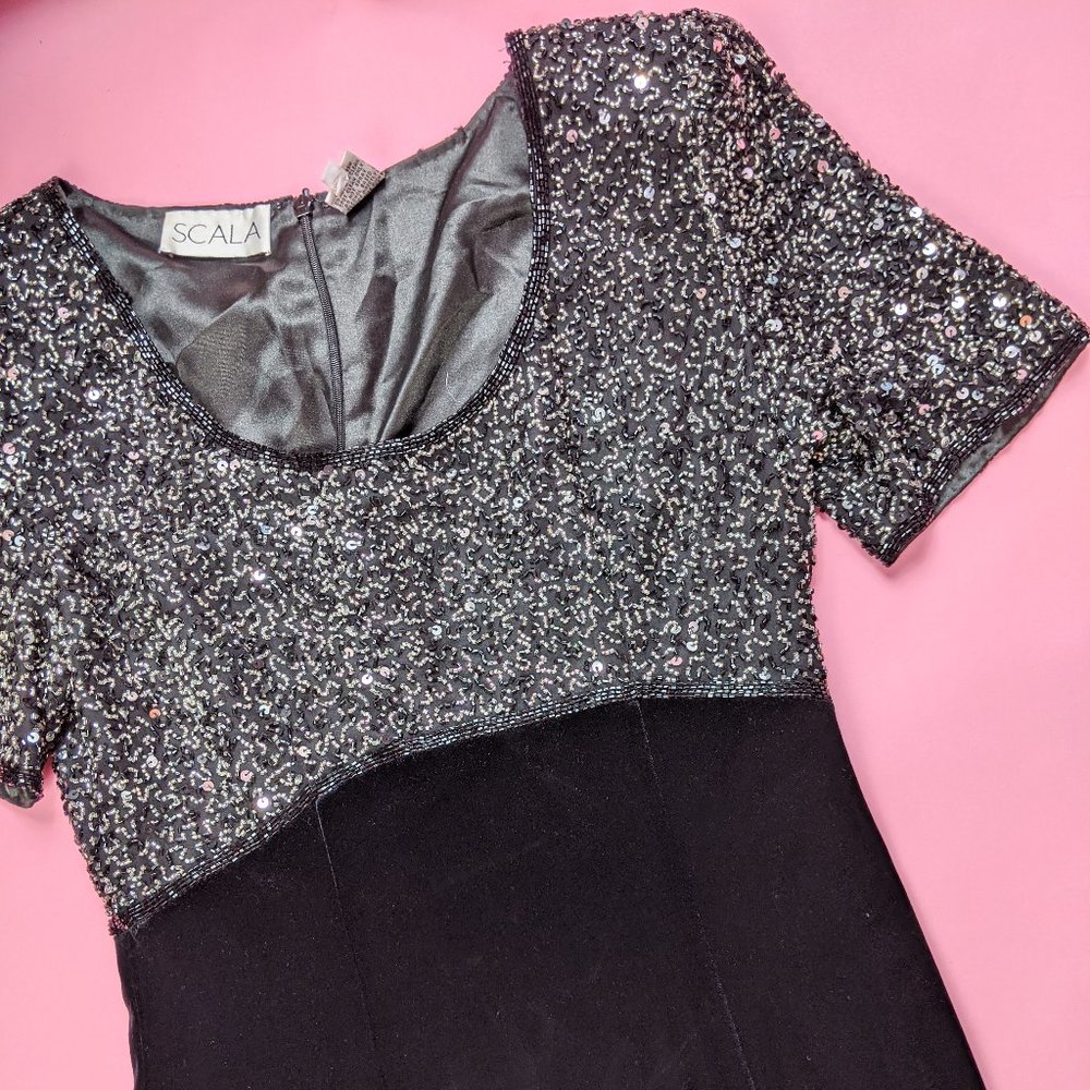 Vintage 90s Beaded Black Velvet Formal Maxi Dress - Picture 5 of 6